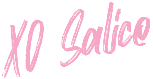 Pink hand-drawn brush-stroke text reading 'xo Salice' on a solid black background.